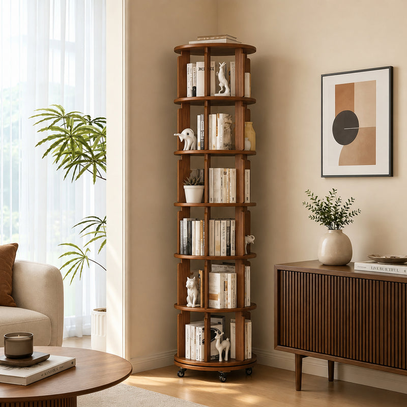6 Tier 360° Rotating Solid Wood Bookshelf with Wheels