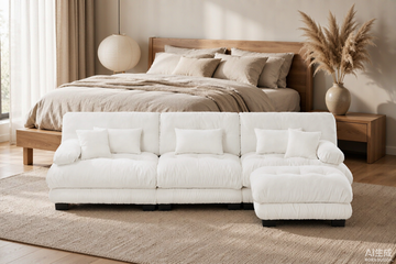 Cloud 3-Seat Sofa with Ottoman — White Chenille