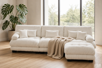 Cloud 3-Seat Sofa with Ottoman — White Chenille