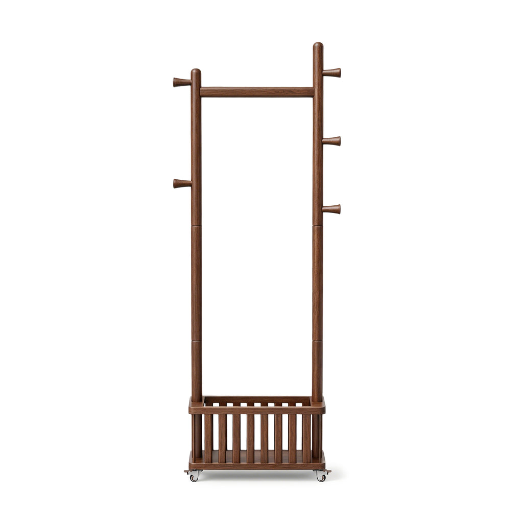 TAITIY Solid Wood Clothes Rack with Storage Basket & 5 Hooks