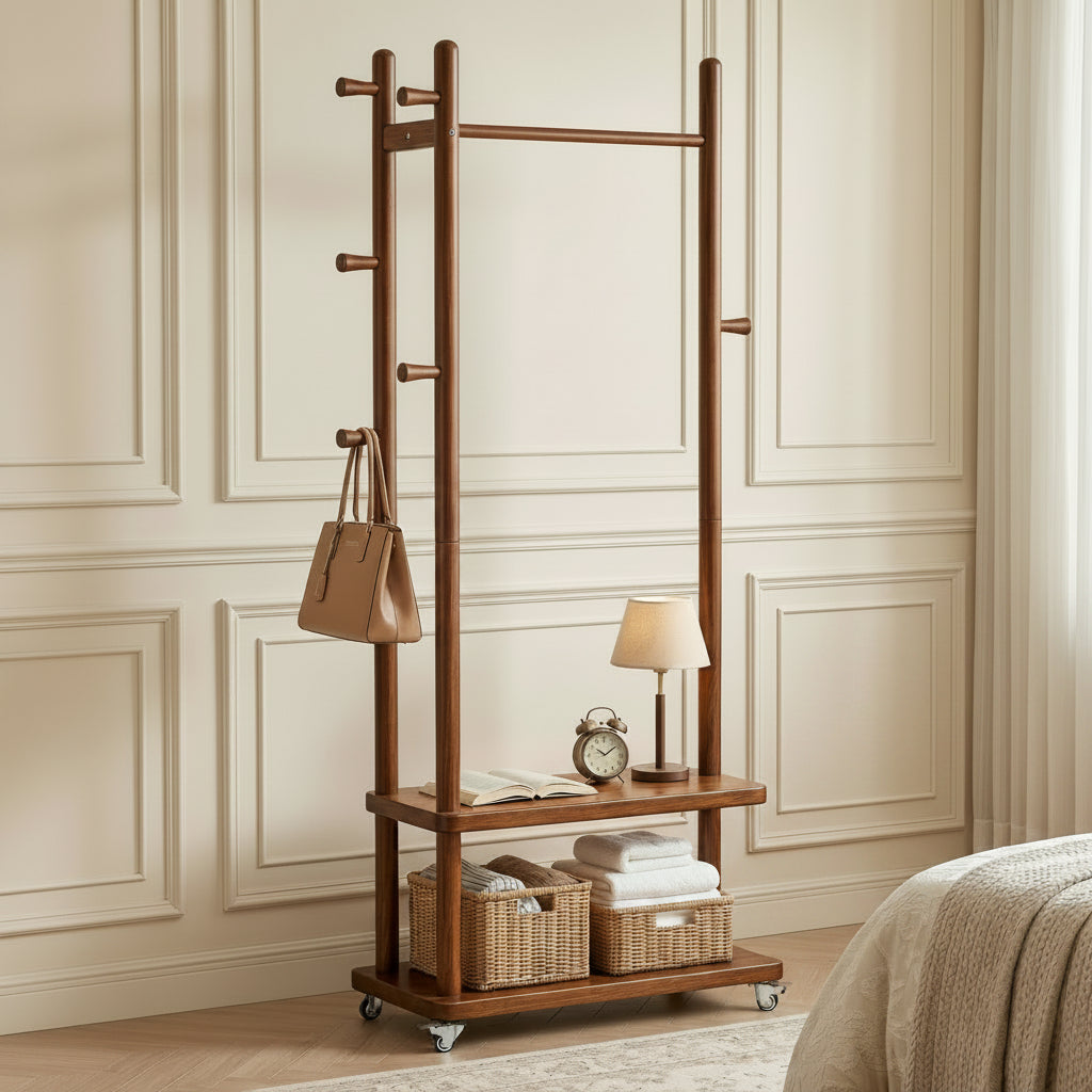 TAITIY Solid Wood Rack on Wheels, 2 Shelves & 5 Hooks,