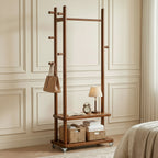 TAITIY Solid Wood Rack on Wheels, 2 Shelves & 5 Hooks,