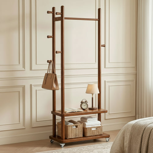 TAITIY Solid Wood Rack on Wheels, 2 Shelves & 5 Hooks,