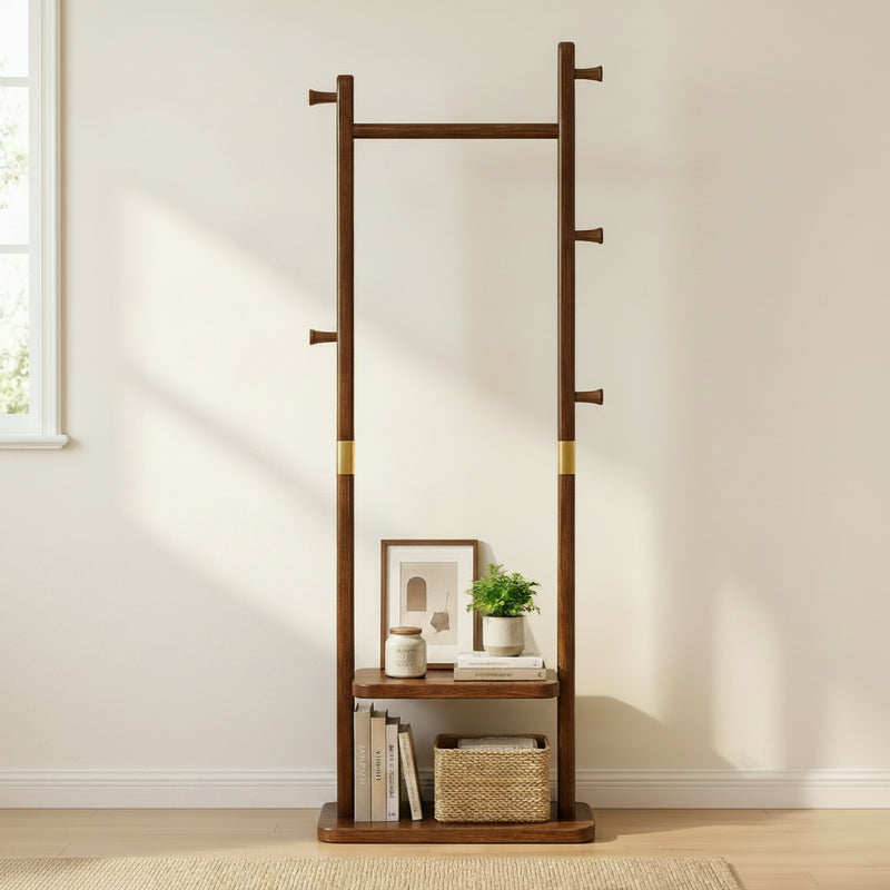 TAITIY Solid Wood Clothes Rack with 2 Shelves & 5 Hooks