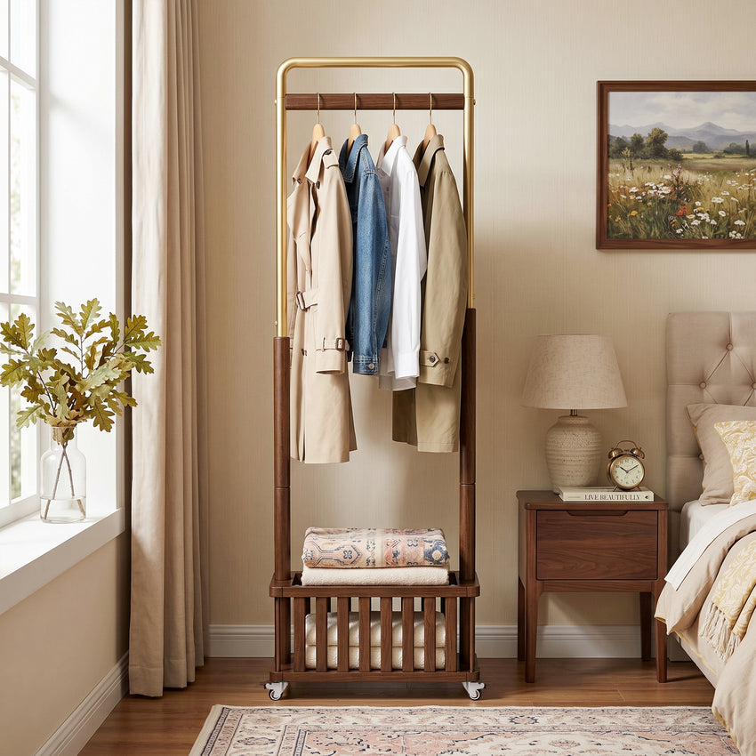 TAITIY Metal & Solid Wood Clothes Rack with Wheels