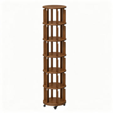6 Tier 360° Rotating Solid Wood Bookshelf with Wheels