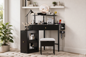 Coiffeuse d'angle noire avec tabouret et station de charge