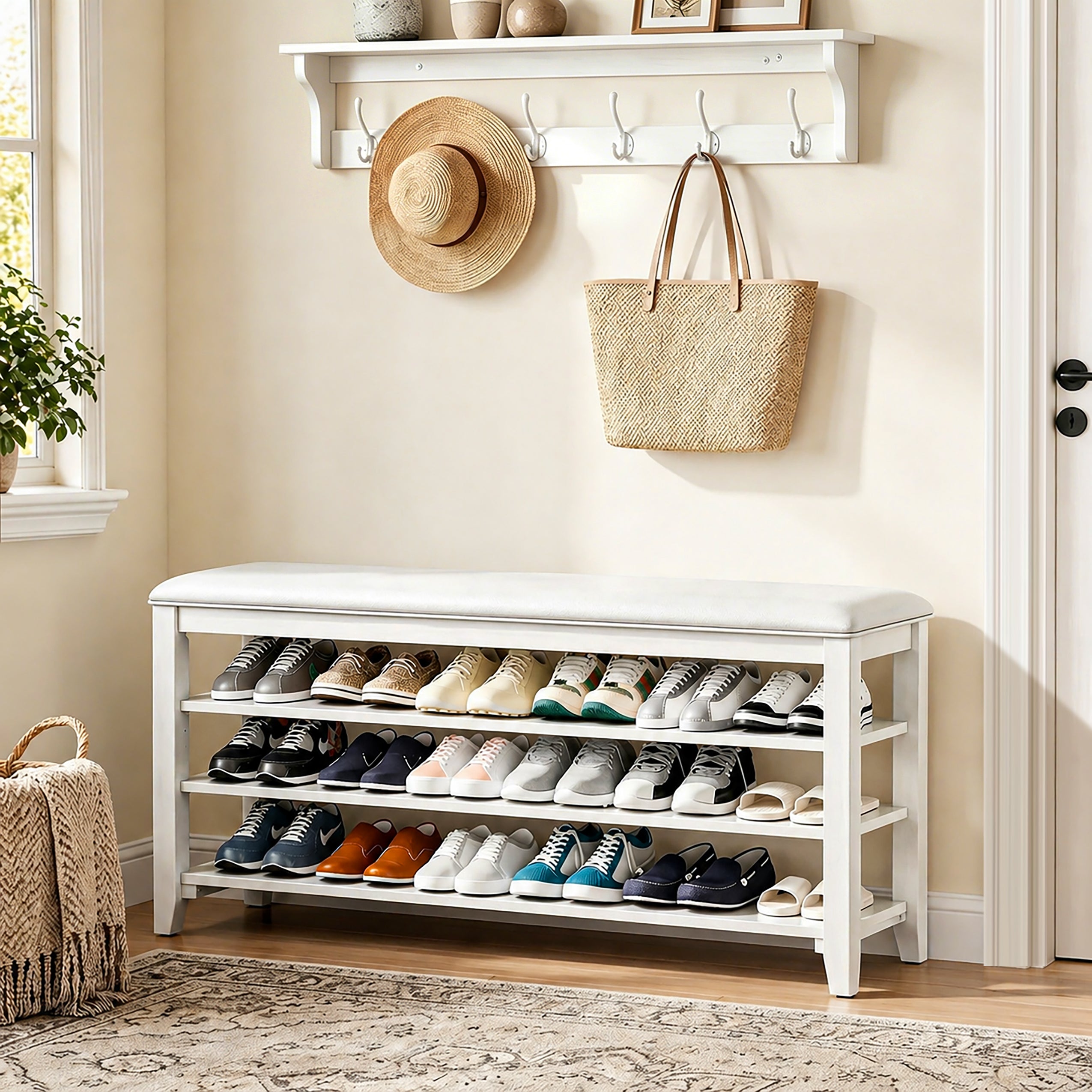 Entryway Solid Wood Shoe Storage Bench Multi-tier Shoe Rack White
