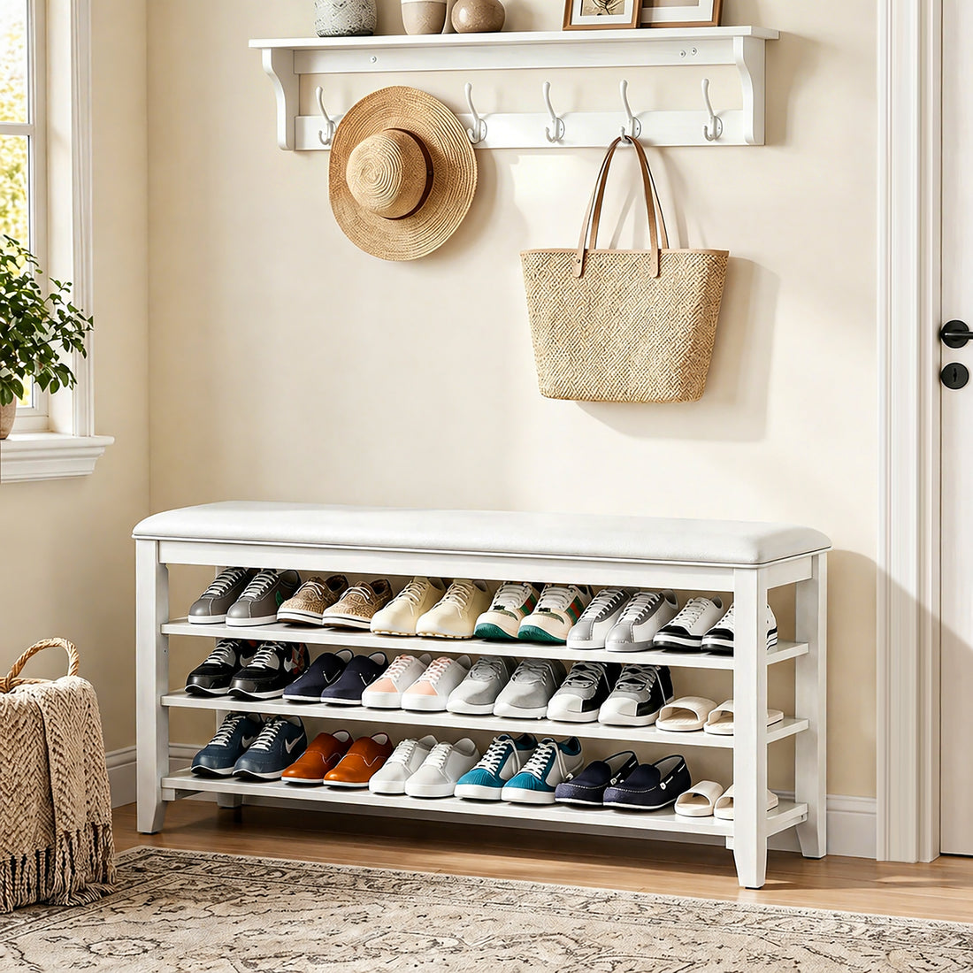 Entryway Solid Wood Shoe Storage Bench Multi-tier Shoe Rack White