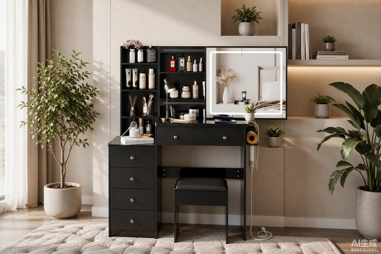 Coiffeuse noire avec miroir LED et tabouret