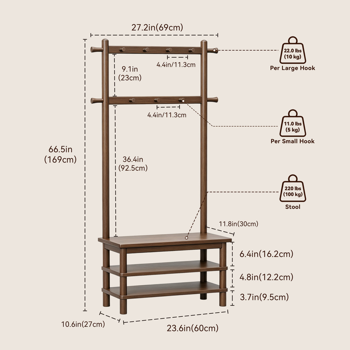 Hall Tree with Shoe Bench — 11 Hooks dimensions
