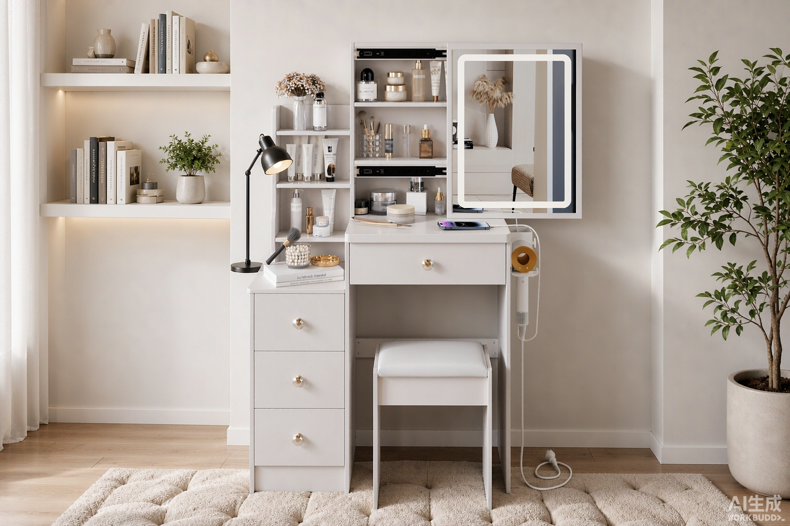 Coiffeuse compacte avec tabouret rembourré