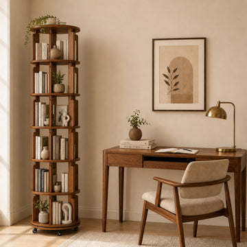 6 Tier 360° Rotating Solid Wood Bookshelf with Wheels