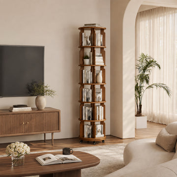 6 Tier 360° Rotating Solid Wood Bookshelf with Wheels