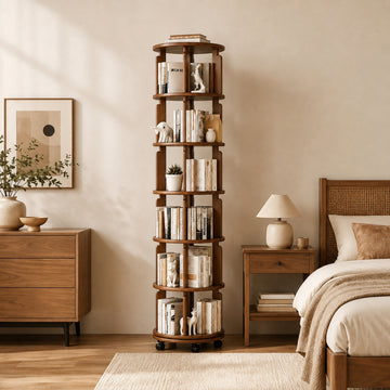 6 Tier 360° Rotating Solid Wood Bookshelf with Wheels