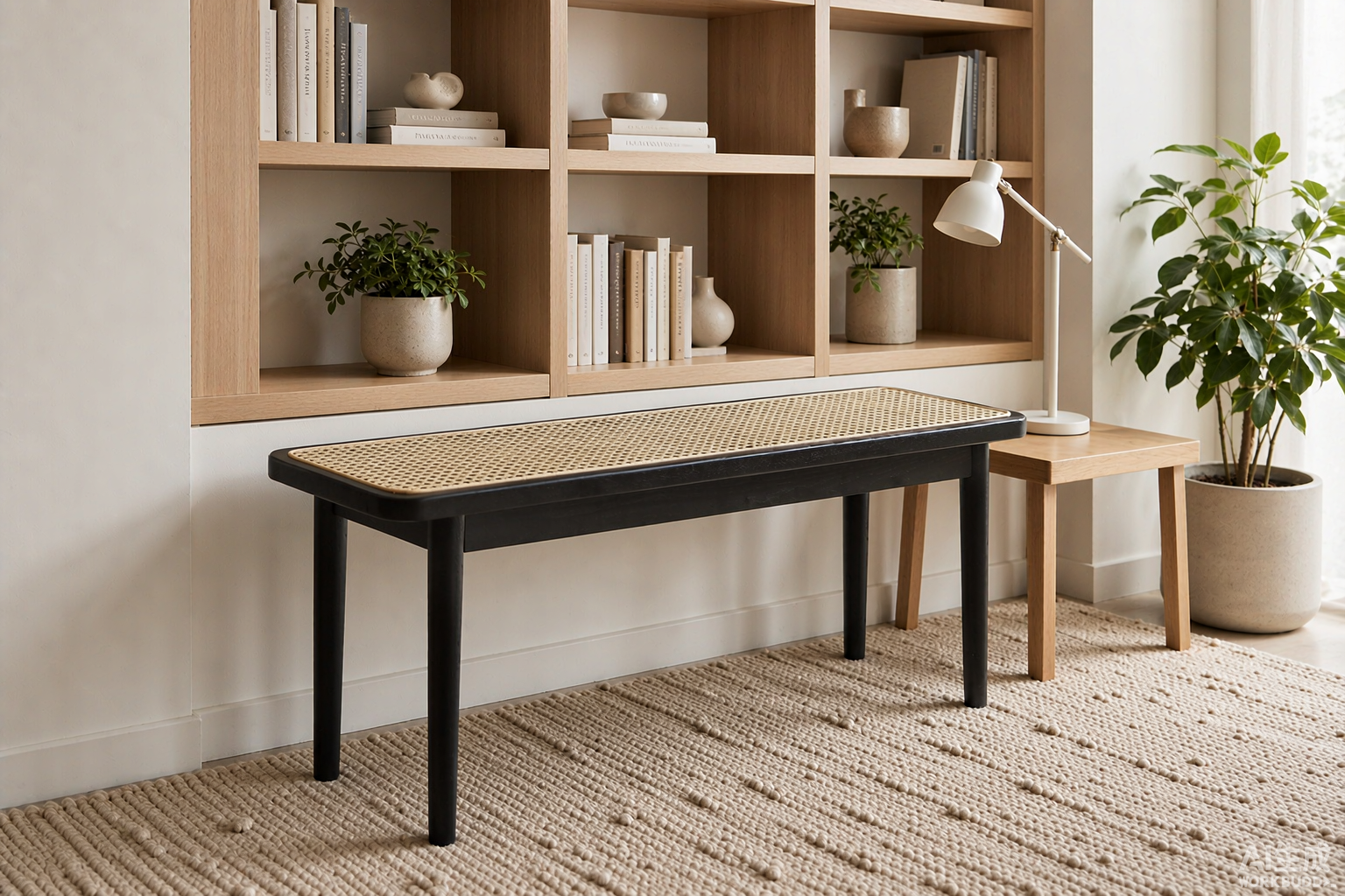 Black Oak Dining Bench with Rattan Detail – 39.4"W