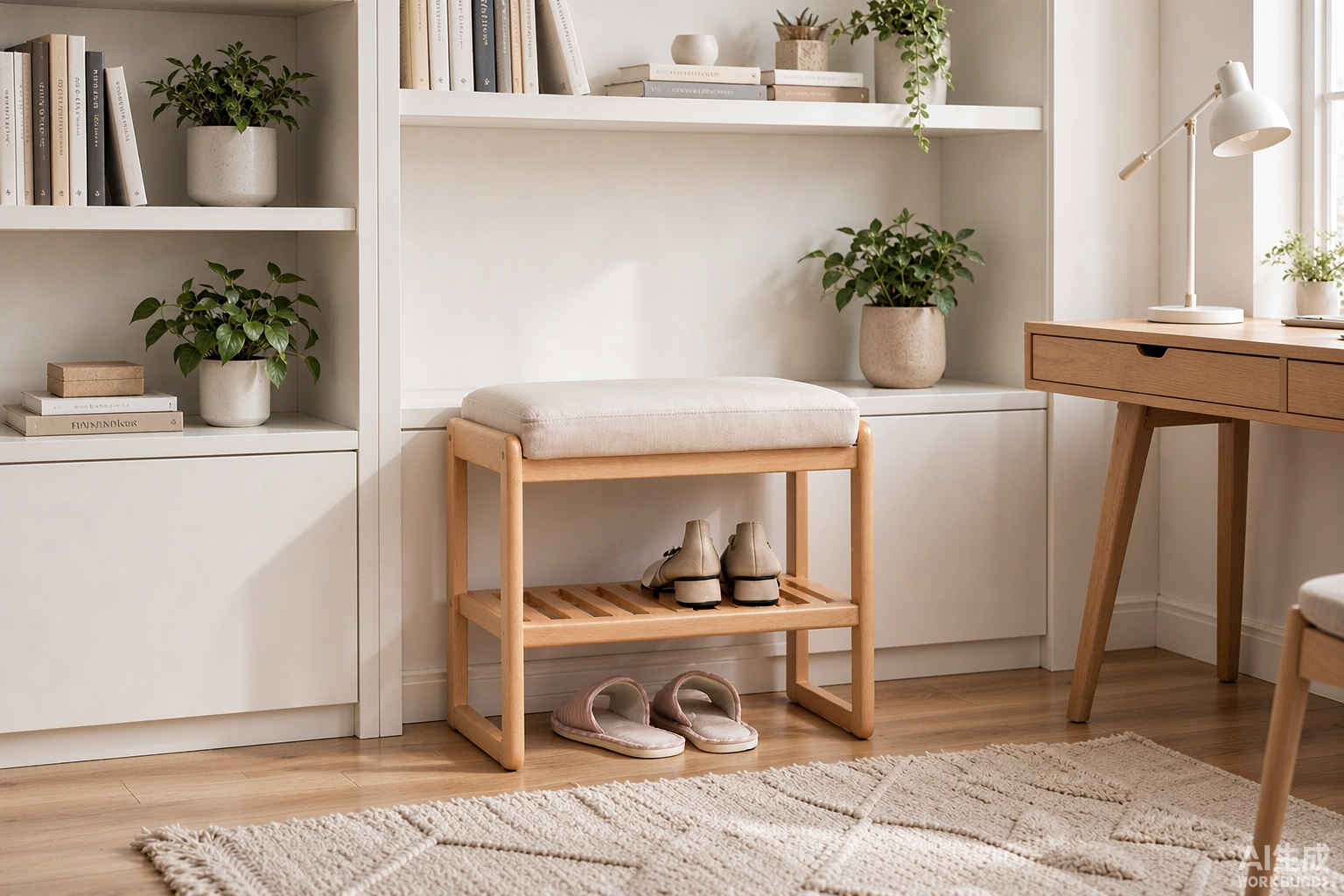 Solid Wood Shoe Bench with Storage Rack – Beige