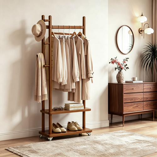 TAITIY Solid Wood Rack on Wheels, 2 Shelves & 5 Hooks