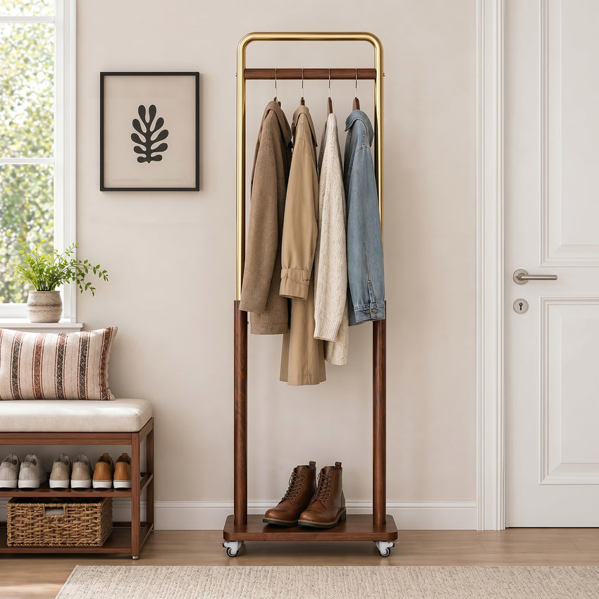 TAITIY Metal & Solid Wood Clothes Rack with Wheels