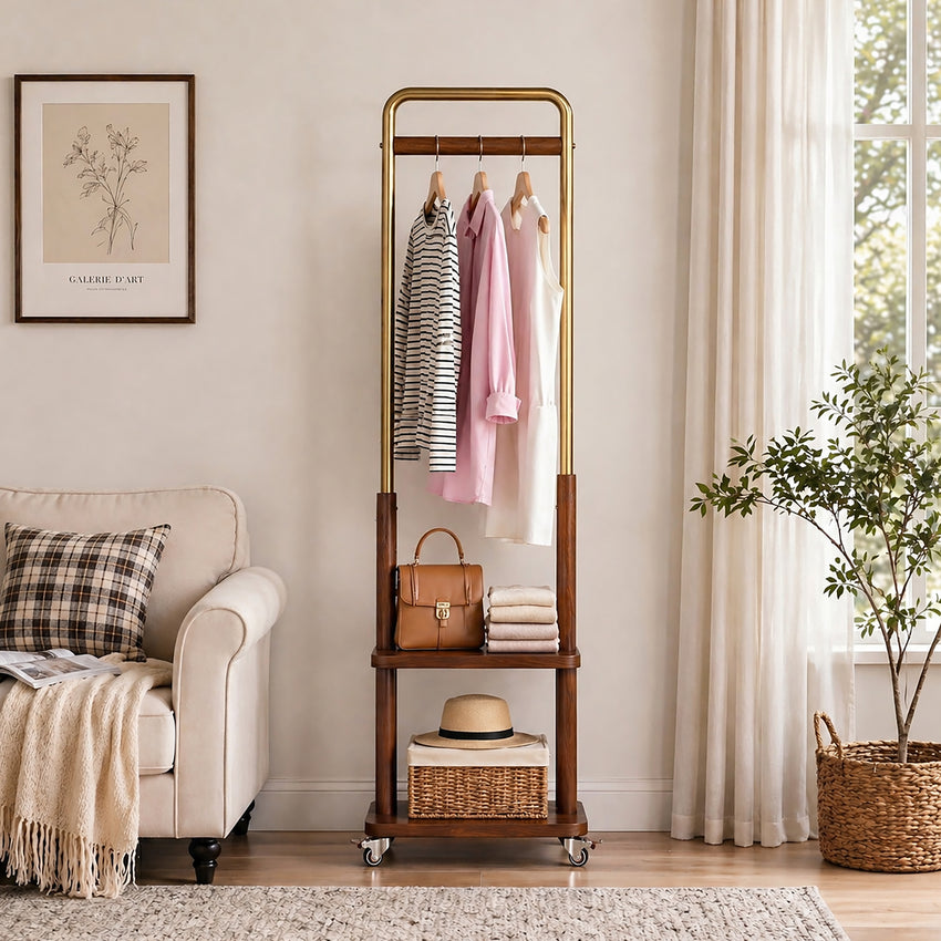 TAITIY Metal & Solid Wood Clothes Rack with Wheels