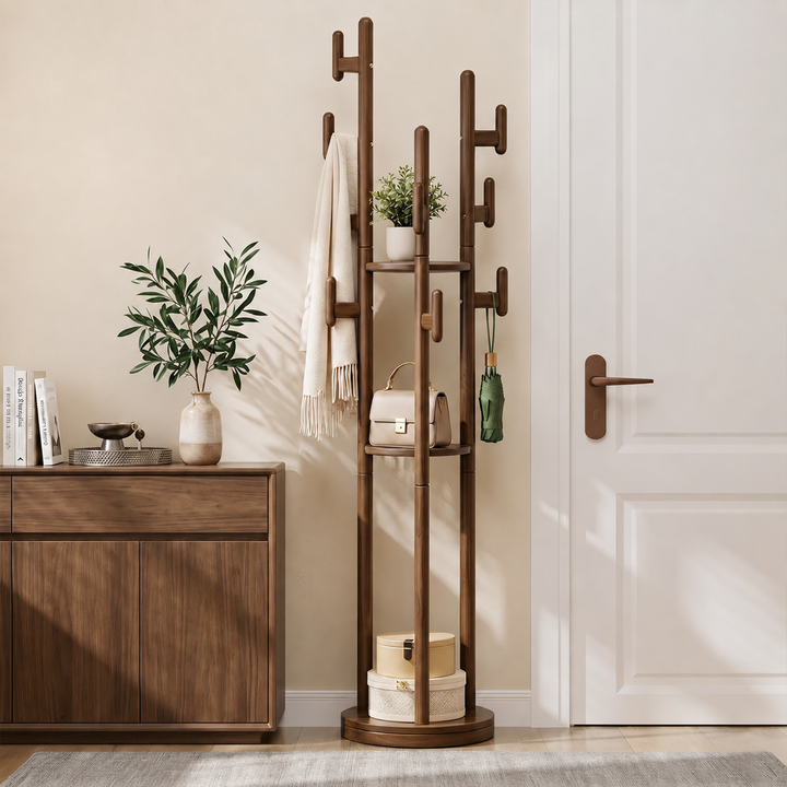 Rotary Coat Rack Solid Wood 9 Hooks & 3 Shelves
