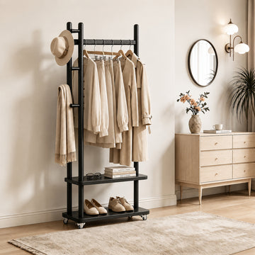 Taitiy Coat Rack Solid Wood Stand Storage 2 Shelves 4 Hooks Black