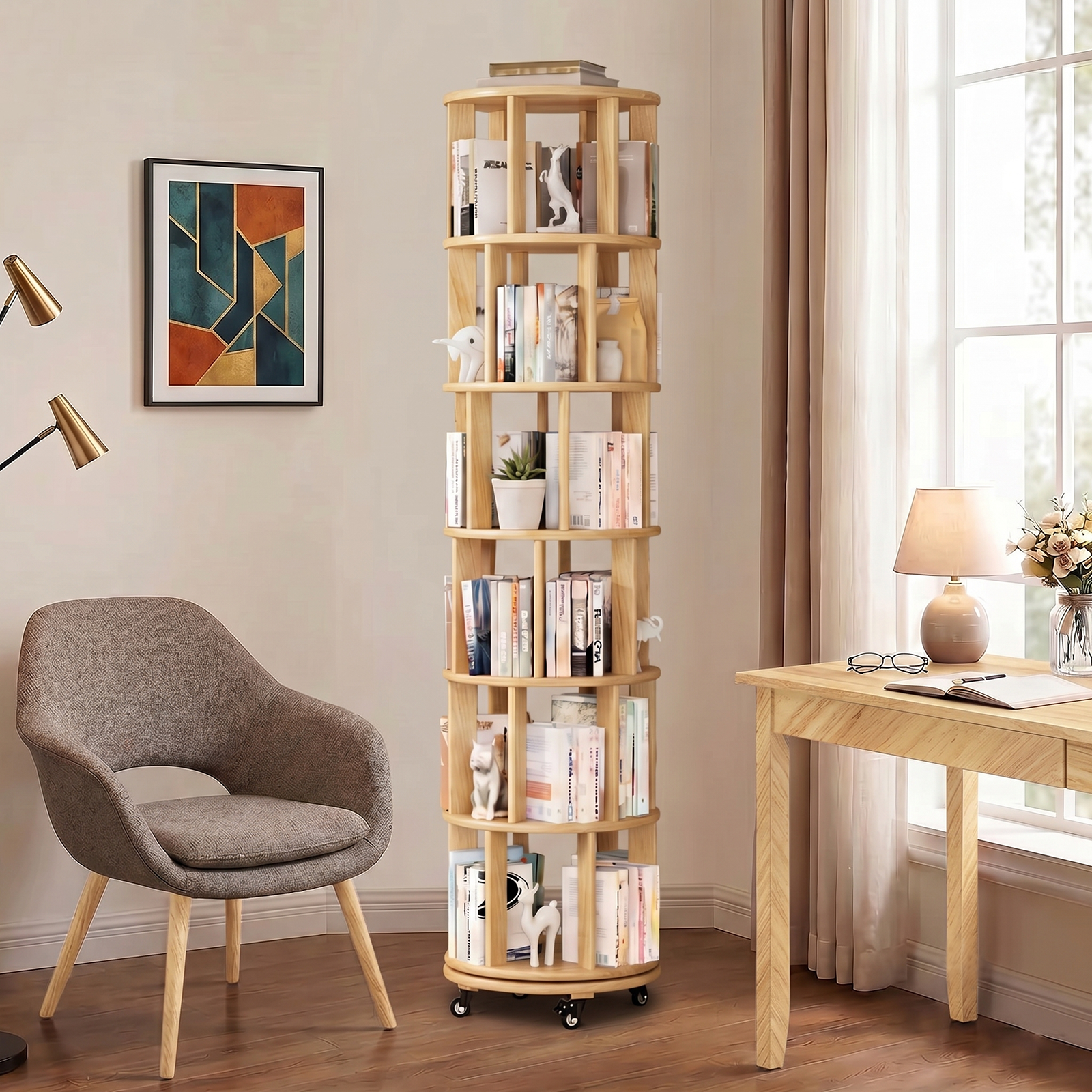 Rotating Bookshelf — Solid Wood, 6-Tier 360°