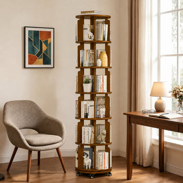 6 Tier 360° Rotating Solid Wood Bookshelf with Wheels