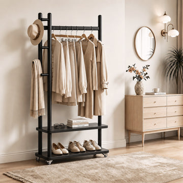 Taitiy Coat Rack Solid Wood Stand Storage 2 Shelves 4 Hooks Black