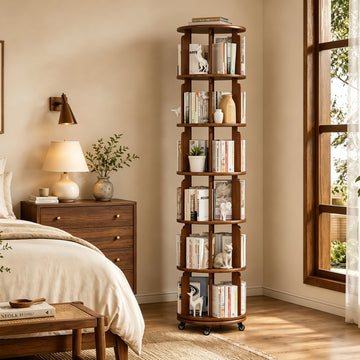 6 Tier 360° Rotating Solid Wood Bookshelf with Wheels