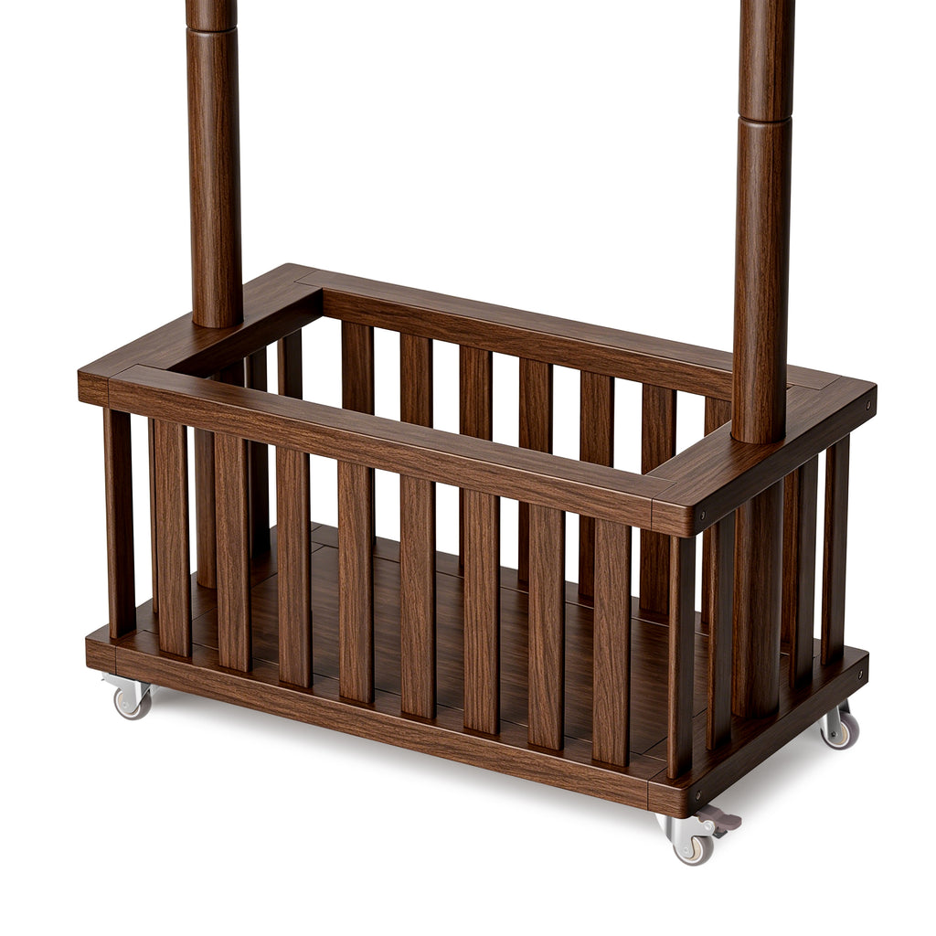 TAITIY Solid Wood Clothes Rack with Storage Basket & 5 Hooks