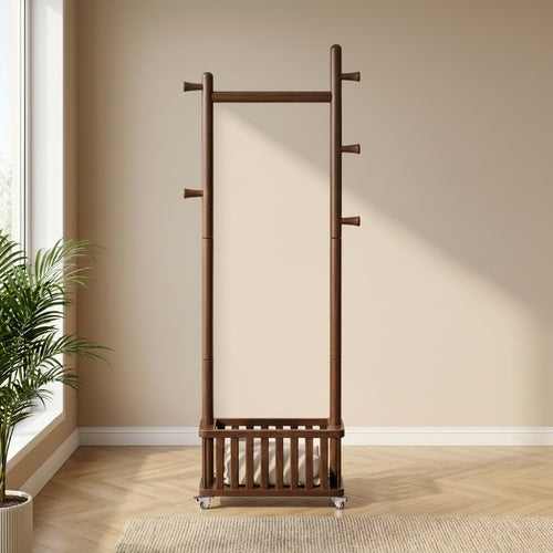 TAITIY Solid Wood Clothes Rack with Storage Basket & 5 Hooks