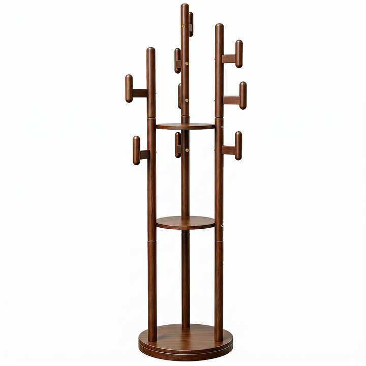 Rotary Coat Rack Solid Wood 9 Hooks & 3 Shelves
