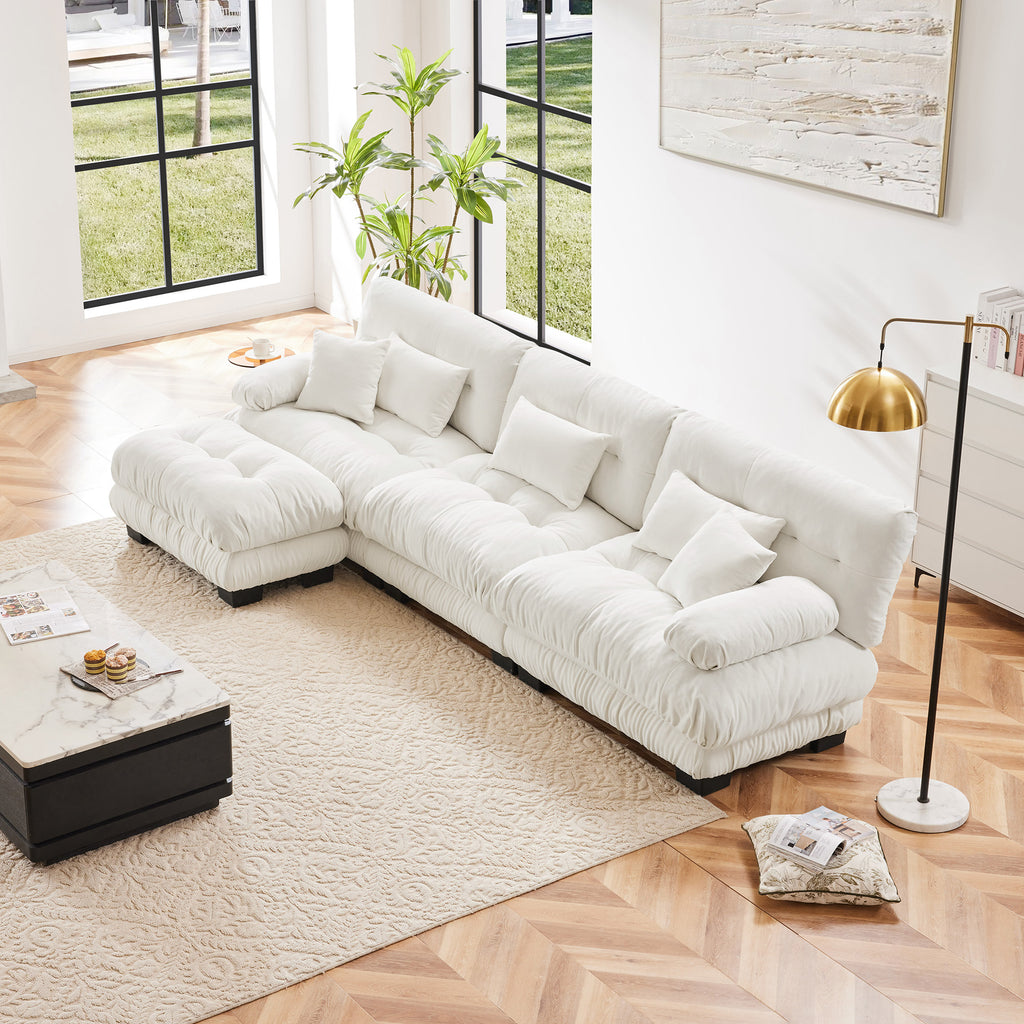 Cloud 3-Seat Sofa with Ottoman — White Chenille
