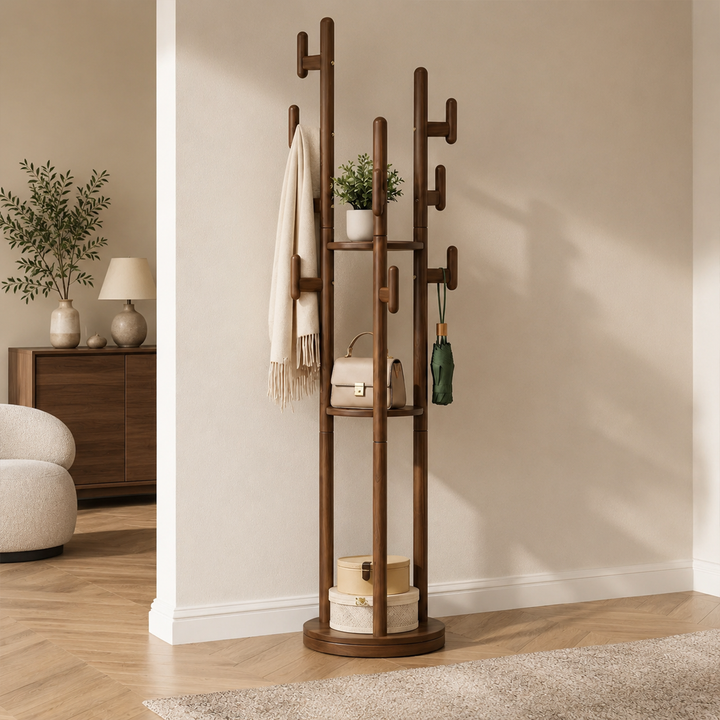 Rotary Coat Rack Solid Wood 9 Hooks & 3 Shelves