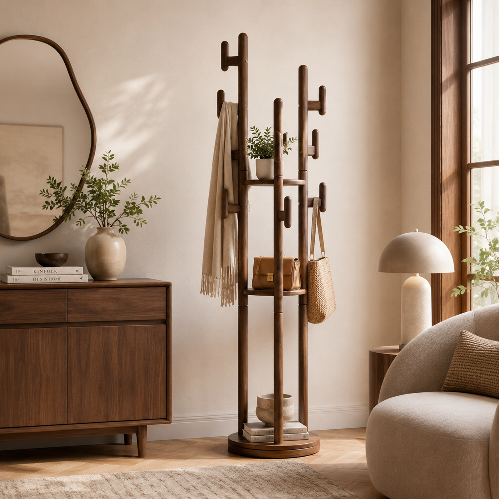 Rotary Coat Rack Solid Wood 9 Hooks & 3 Shelves