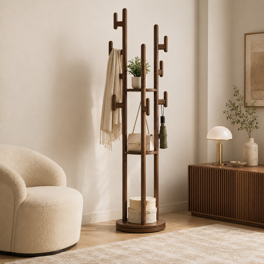Rotary Coat Rack Solid Wood 9 Hooks & 3 Shelves