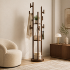 Rotary Coat Rack Solid Wood 9 Hooks & 3 Shelves