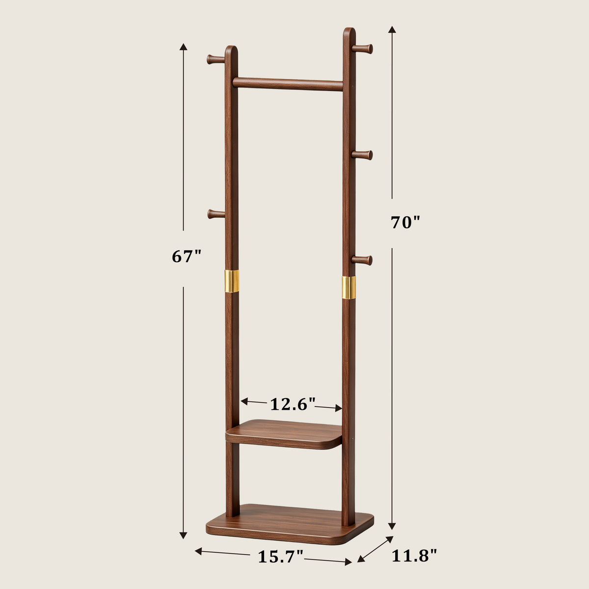 TAITIY Solid Wood Clothes Rack with 2 Shelves & 5 Hooks dimensions