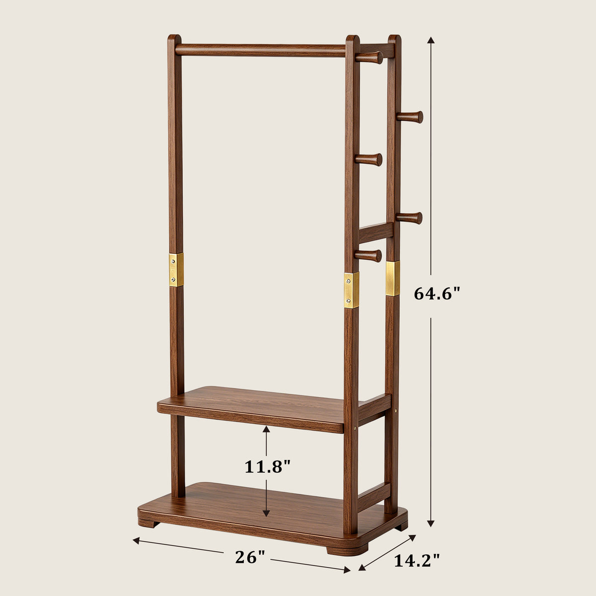 Taitiy Solid Wood Clothes Rack with Shelves & Hooks dimensions