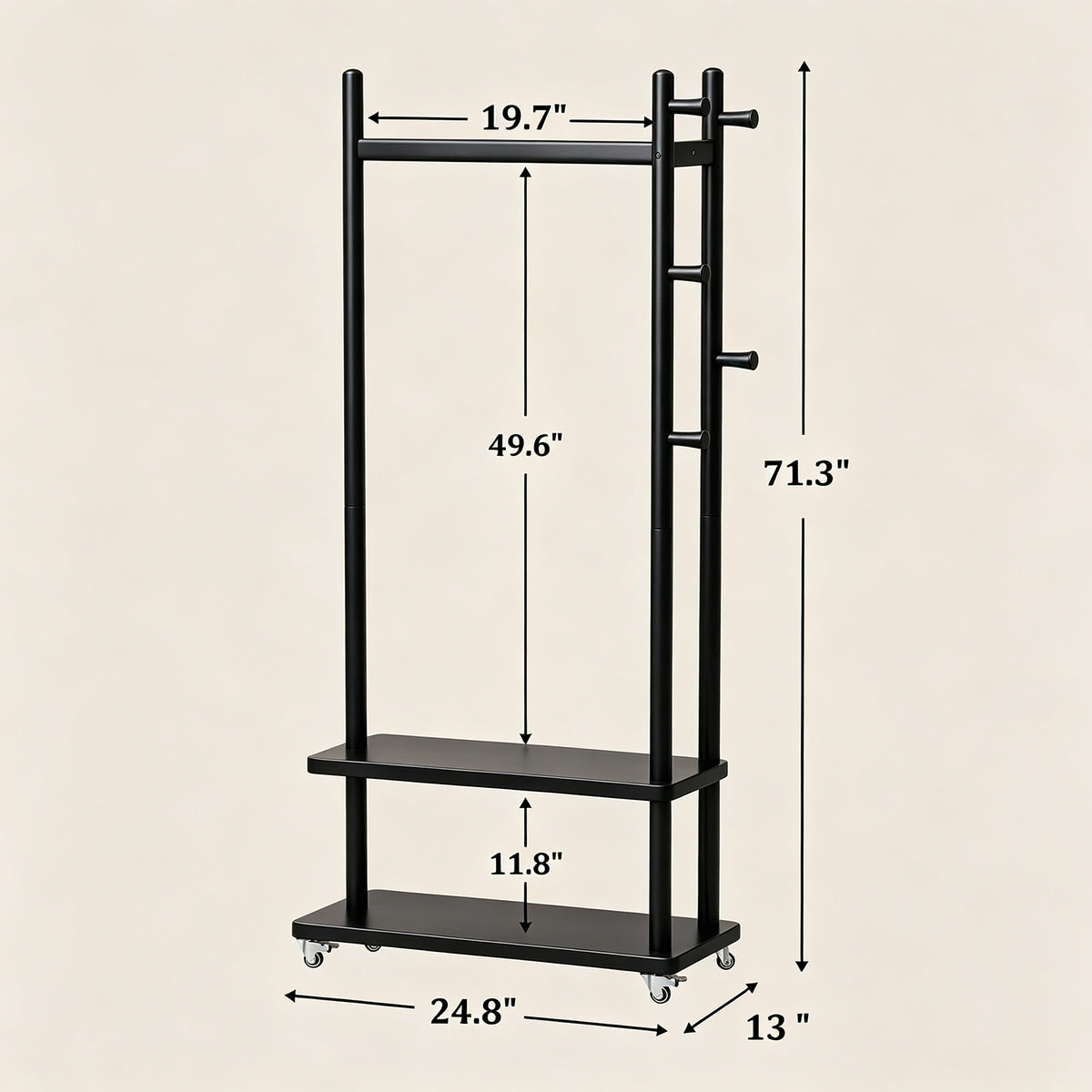 Taitiy Coat Rack Solid Wood Stand Storage 2 Shelves 4 Hooks Black dimensions
