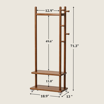Taitiy Coat Rack Solid Wood Stand Storage 2 Shelves 4 Hooks Black