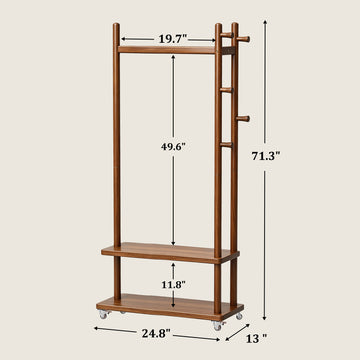 Taitiy Coat Rack Solid Wood Stand Storage 2 Shelves 4 Hooks Black