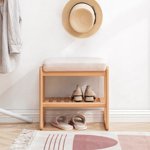 Solid Wood Shoe Bench with Storage Rack – Beige