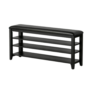 Entryway Solid Wood Multi-tier Shoe Bench with Faux Leather Top Black