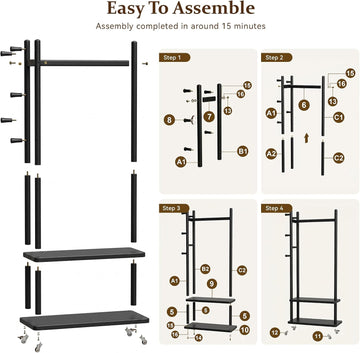 Taitiy Coat Rack Solid Wood Stand Storage 2 Shelves 4 Hooks Black