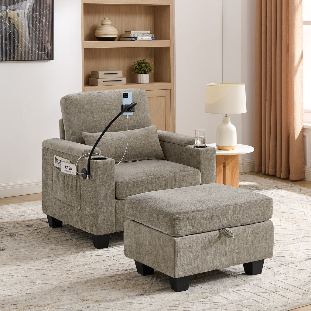 Recliner Sofa Chair with Storage Ottoman — Brown