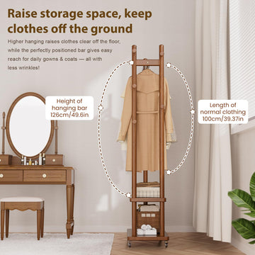 Taitiy Coat Rack Solid Wood Stand Storage 2 Shelves 4 Hooks Black