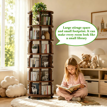 6 Tier 360° Rotating Solid Wood Bookshelf with Wheels