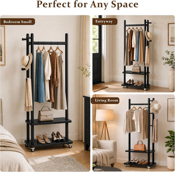 Taitiy Coat Rack Solid Wood Stand Storage 2 Shelves 4 Hooks Black
